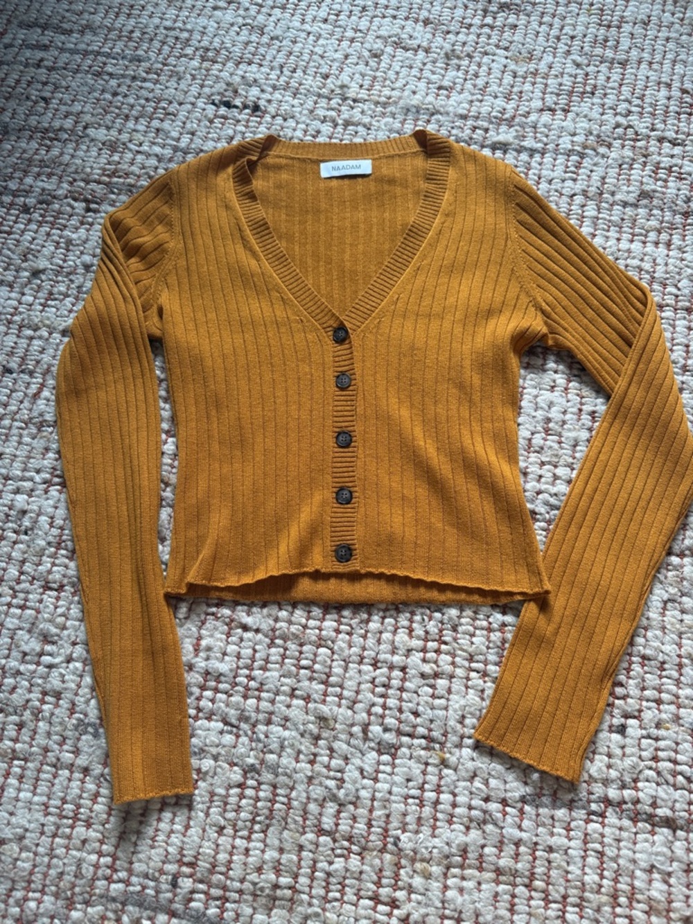 NAADAM Ribbed V-Neck Cardigan in Mustard